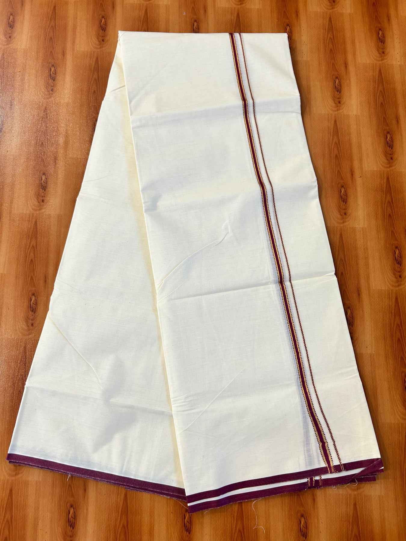 Double Off white (Unbleached) Mundu/Dhoti - 20% Discount! KaithariKada Pure Cotton  (80s) - 1 cm Gold Kasav wine purple Kara 4 mtr (8.5 muzham) - 10 KK5479 GAN