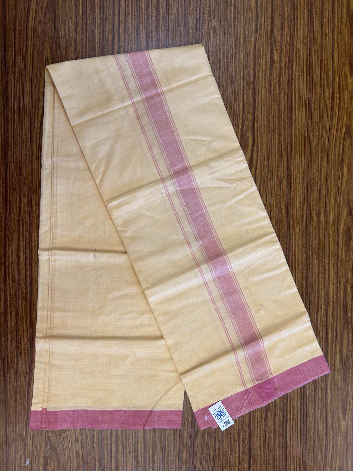 Kannur Kavi Dhoti - KaithariKada Balaramapuram Handloom Single Mundu/Dhoti - 100% Pure Cotton 2/60x40s Thread - Kannur Yellow colour Body 1.5 inch Wild Orchid Striped Kara - 48 KK8046 KAL