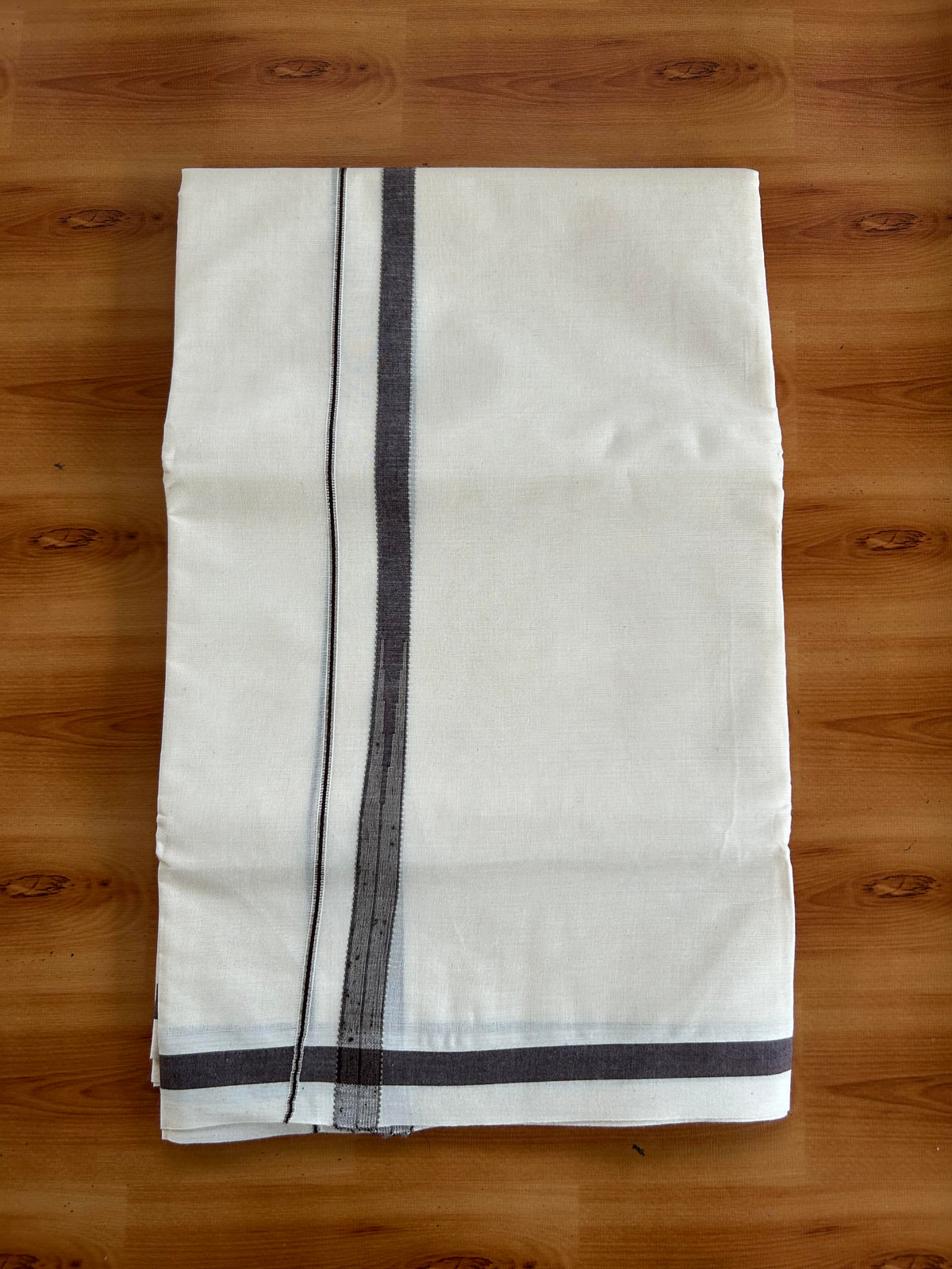 Double Off White (Unbleached) Mundu/Dhoti - 20% Discount!! KaithariKada Pulimood 100% Cotton 100X80-  0.5 inch Puliyilakkara Silver Kasav Brown & Olive Green Chutty Kara - 4 mtr  (8.5 muzham) - 1 KK5548 VAS