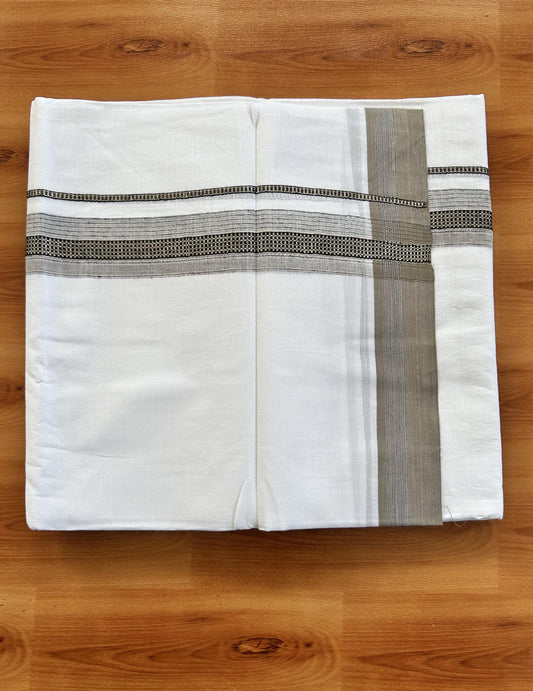 Double Pure White  Mundu/Dothi - 20% Discount!! Kaitharikada Balaramapuram 100% Pure Cotton 100x100 - 1.25 inch Silver Kasav & Beige & Black Striped Kara - 3.90 m (8 muzham) -  12 KK5437 VAS
