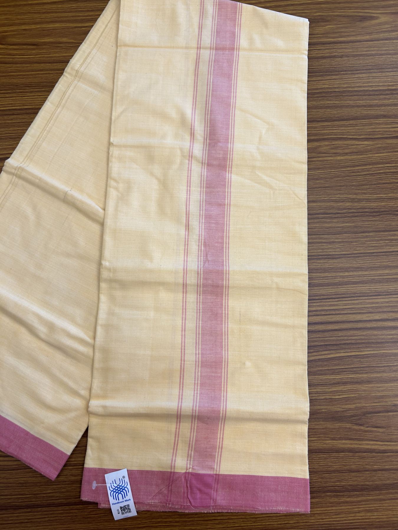 Kannur Kavi Dhoti - KaithariKada Balaramapuram Handloom Single Mundu/Dhoti - 100% Pure Cotton 2/60x40s Thread - Kannur Yellow colour Body 1.5 inch Wild Orchid Striped Kara - 48 KK8046 KAL
