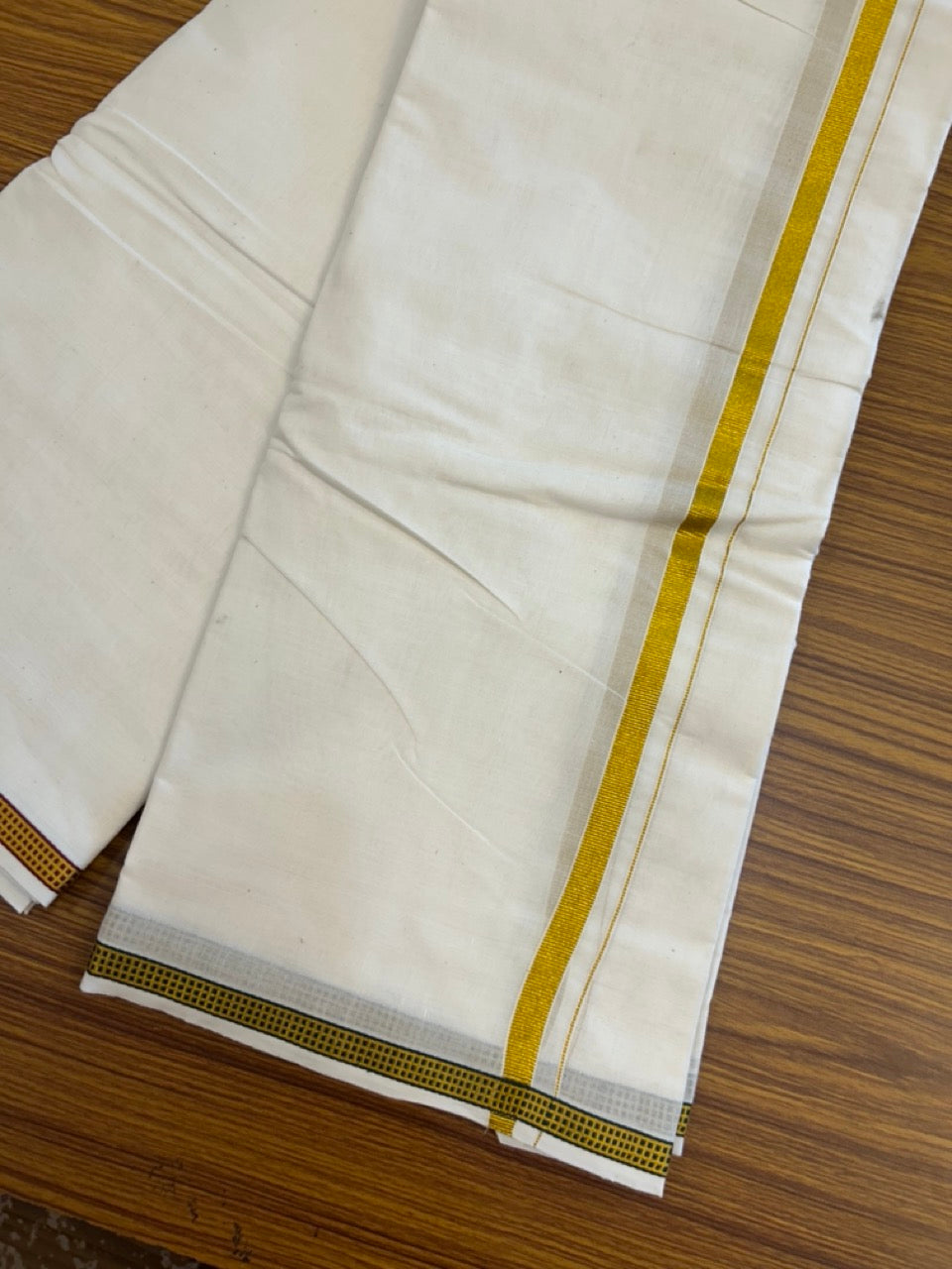 20% Discount! KaithariKada Cotton Mix Off White - (Unbleached) 80X90 thread - North Indian- Attached Gancha - 10X6 Dhoti - 0.5 inch Gold Kasav kara with Maroon & Green Gold Kasav Design border - 16 KK8304 PMC