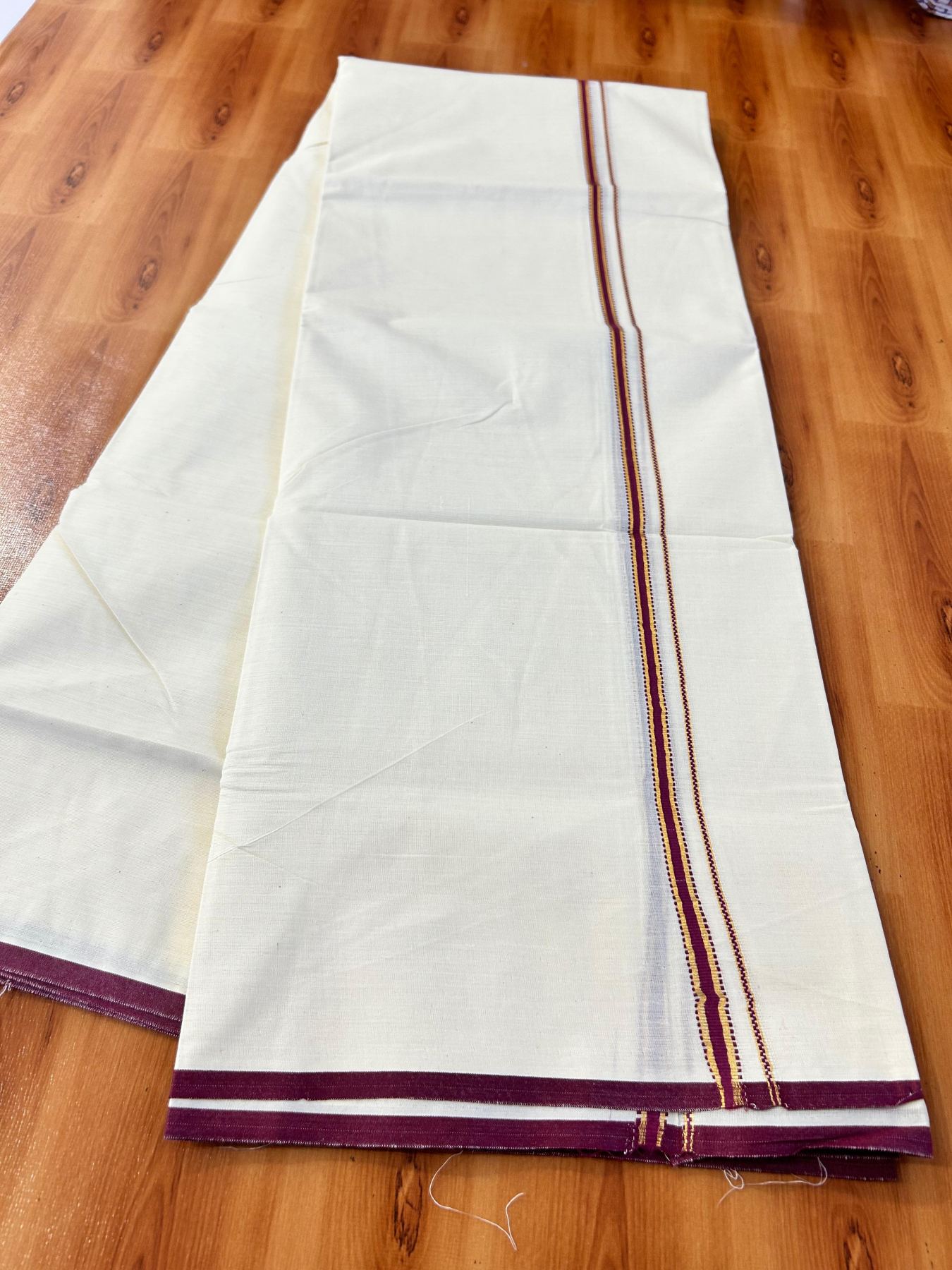 Double Off white (Unbleached) Mundu/Dhoti - 20% Discount! KaithariKada Pure Cotton  (80s) - 1 cm Gold Kasav wine purple Kara 4 mtr (8.5 muzham) - 10 KK5479 GAN