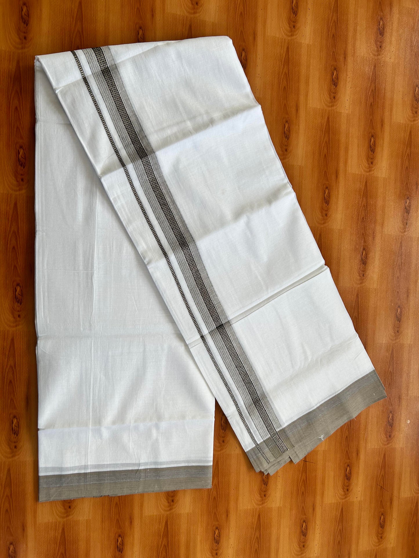 Double Pure White  Mundu/Dothi - 20% Discount!! Kaitharikada Balaramapuram 100% Pure Cotton 100x100 - 1.25 inch Silver Kasav & Beige & Black Striped Kara - 3.90 m (8 muzham) -  12 KK5437 VAS