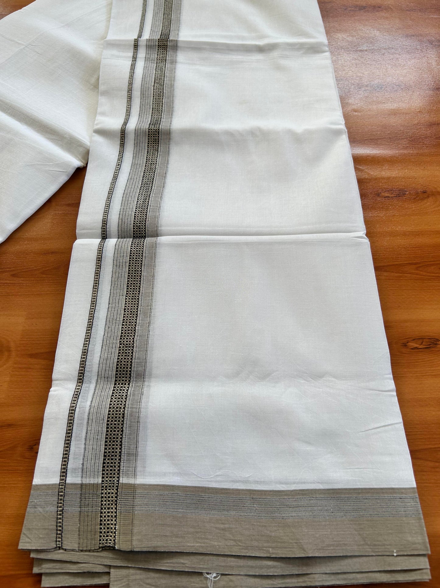 Double Pure White  Mundu/Dothi - 20% Discount!! Kaitharikada Balaramapuram 100% Pure Cotton 100x100 - 1.25 inch Silver Kasav & Beige & Black Striped Kara - 3.90 m (8 muzham) -  12 KK5437 VAS