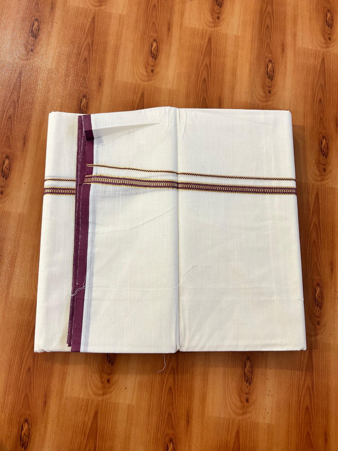 Double Off white (Unbleached) Mundu/Dhoti - 20% Discount! KaithariKada Pure Cotton  (80s) - 1 cm Gold Kasav Wine Purple Kara 4 mtr (8.5 muzham) - 22 KK5479 GAN