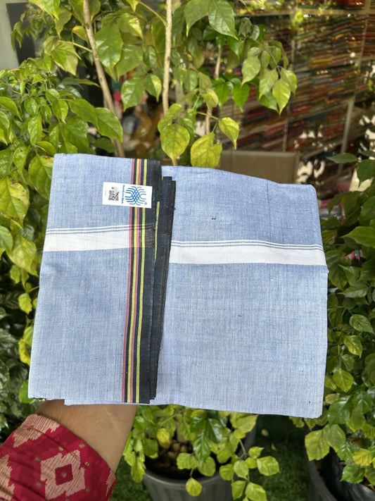 Kerala Handloom - Signature Kaitharikada - Government Sealed Hallmarked - 100% Pure Cotton 2/60x40s Thread - Single Mundu / Dhoti - 1 inch White Striped Kara with Blue colour Body - 8 KK8046 KAL