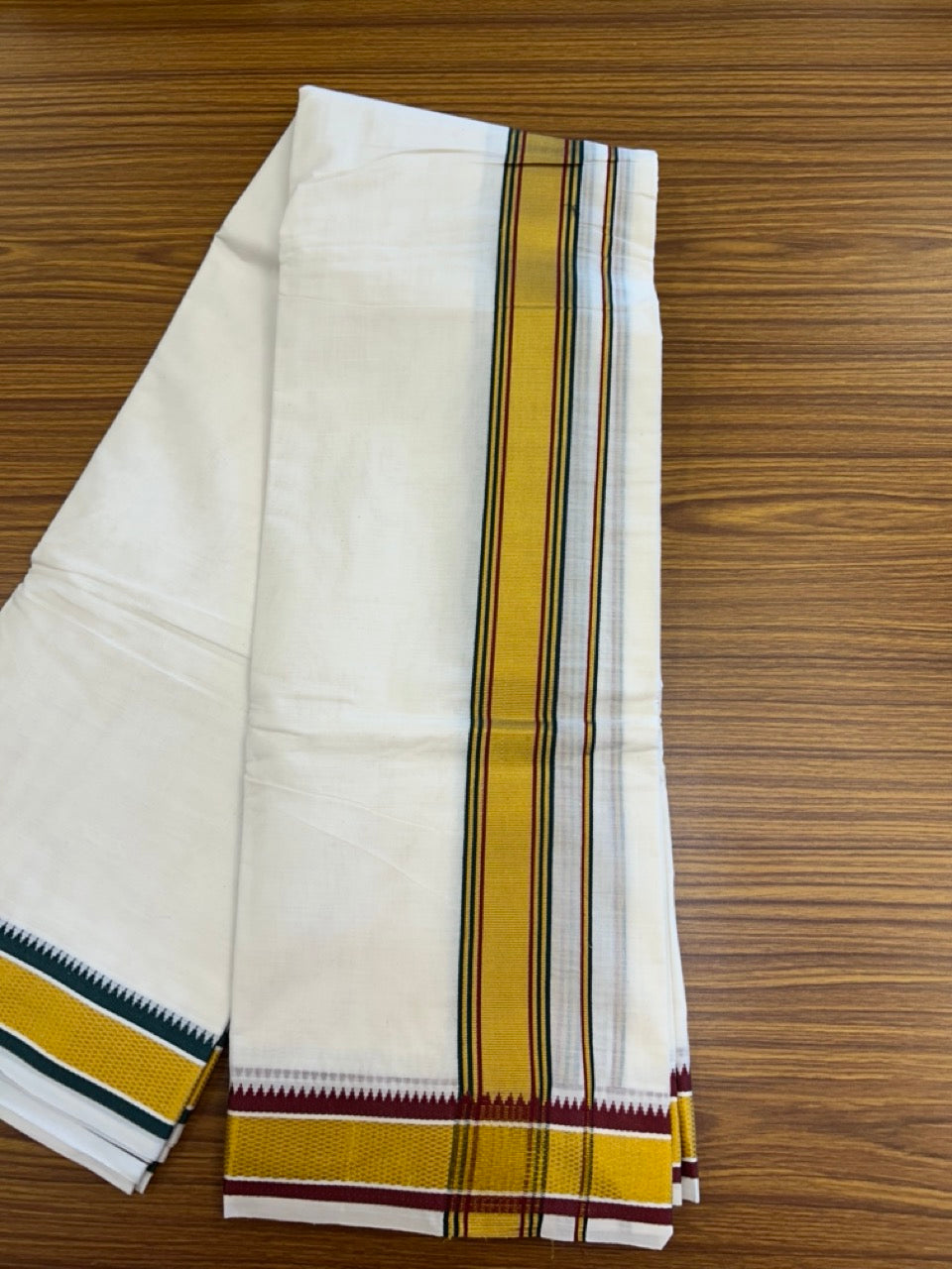 20% Discount! KaithariKada Cotton Mix Off White - (Unbleached) 80X90 thread - North Indian- Attached Gamcha - 10X6 Dhoti - 1.25 inch Green Gold Kasav kara with Dark Maroon & Green Gold Kasav Design border - 10 KK8304 PMC