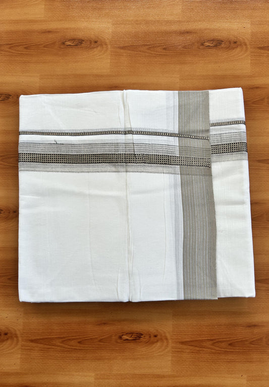 Double Pure White  Mundu/Dothi - 20% Discount!! Kaitharikada Balaramapuram 100% Pure Cotton 100x100 - 1.25 inch Silver Kasav & Beige & Black Striped Kara - 3.90 m (8 muzham) -  11 KK5437 VAS