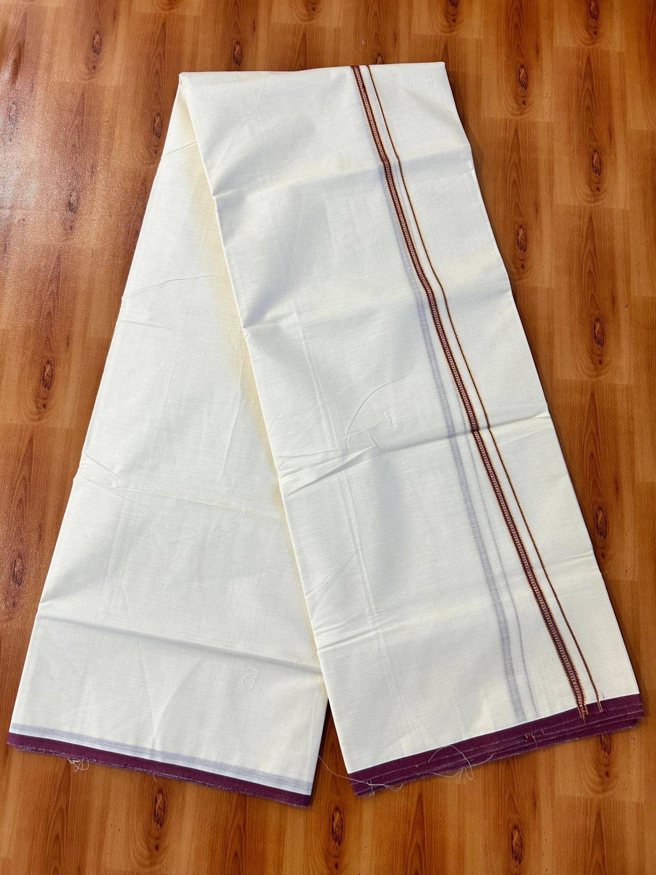 Double Off white (Unbleached) Mundu/Dhoti - 20% Discount! KaithariKada Pure Cotton  (80s) - 1 cm Gold Kasav Wine Purple Kara 4 mtr (8.5 muzham) - 22 KK5479 GAN