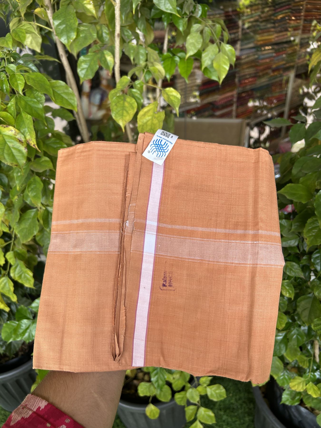 Kerala Handloom - Signature Kaitharikada - Government Sealed Hallmarked - 100% Pure Cotton 2/60x40s Thread - Single Mundu / Dhoti - 1 inch White Shaded Striped Kara with Kavi colour Body - 31 KK8046 KAL