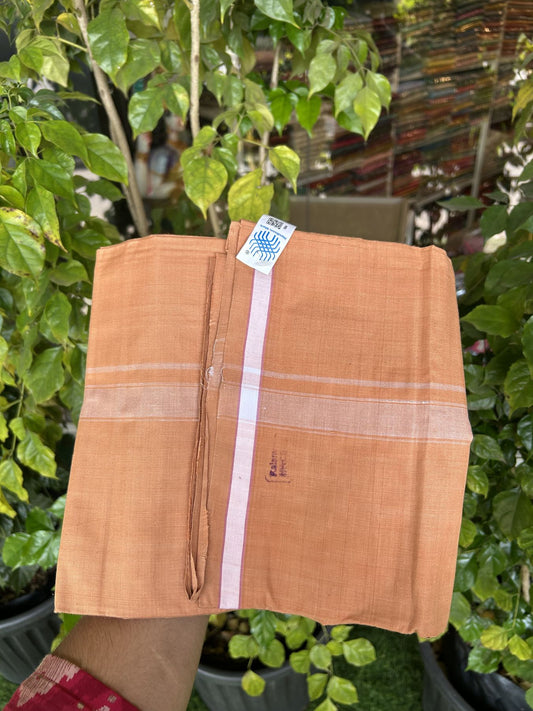 Kerala Handloom - Signature Kaitharikada - Government Sealed Hallmarked - 100% Pure Cotton 2/60x40s Thread - Single Mundu / Dhoti - 1 inch White Shaded Striped Kara with Kavi colour Body - 31 KK8046 KAL