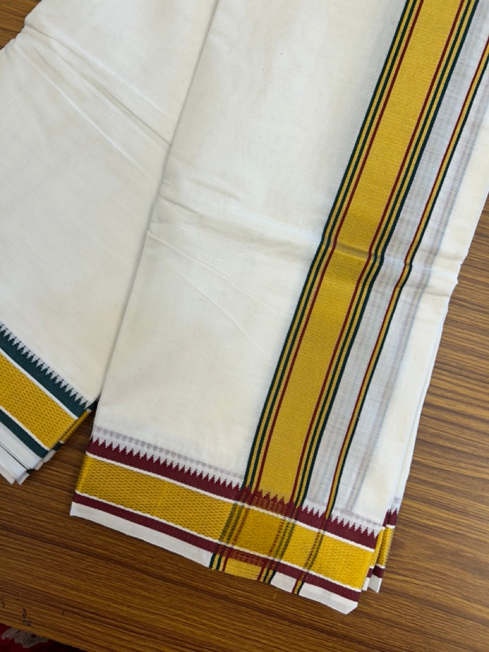 20% Discount! KaithariKada Cotton Mix Off White - (Unbleached) 80X90 thread - North Indian- Attached Gamcha - 10X6 Dhoti - 1.25 inch Green Gold Kasav kara with Dark Maroon & Green Gold Kasav Design border - 10 KK8304 PMC