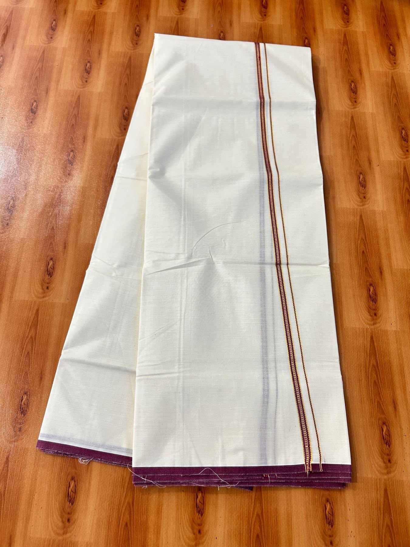 Double Off white (Unbleached) Mundu/Dhoti - 20% Discount! KaithariKada Pure Cotton  (80s) - 1 cm Gold Kasav Wine Purple Kara 4 mtr (8.5 muzham) - 22 KK5479 GAN