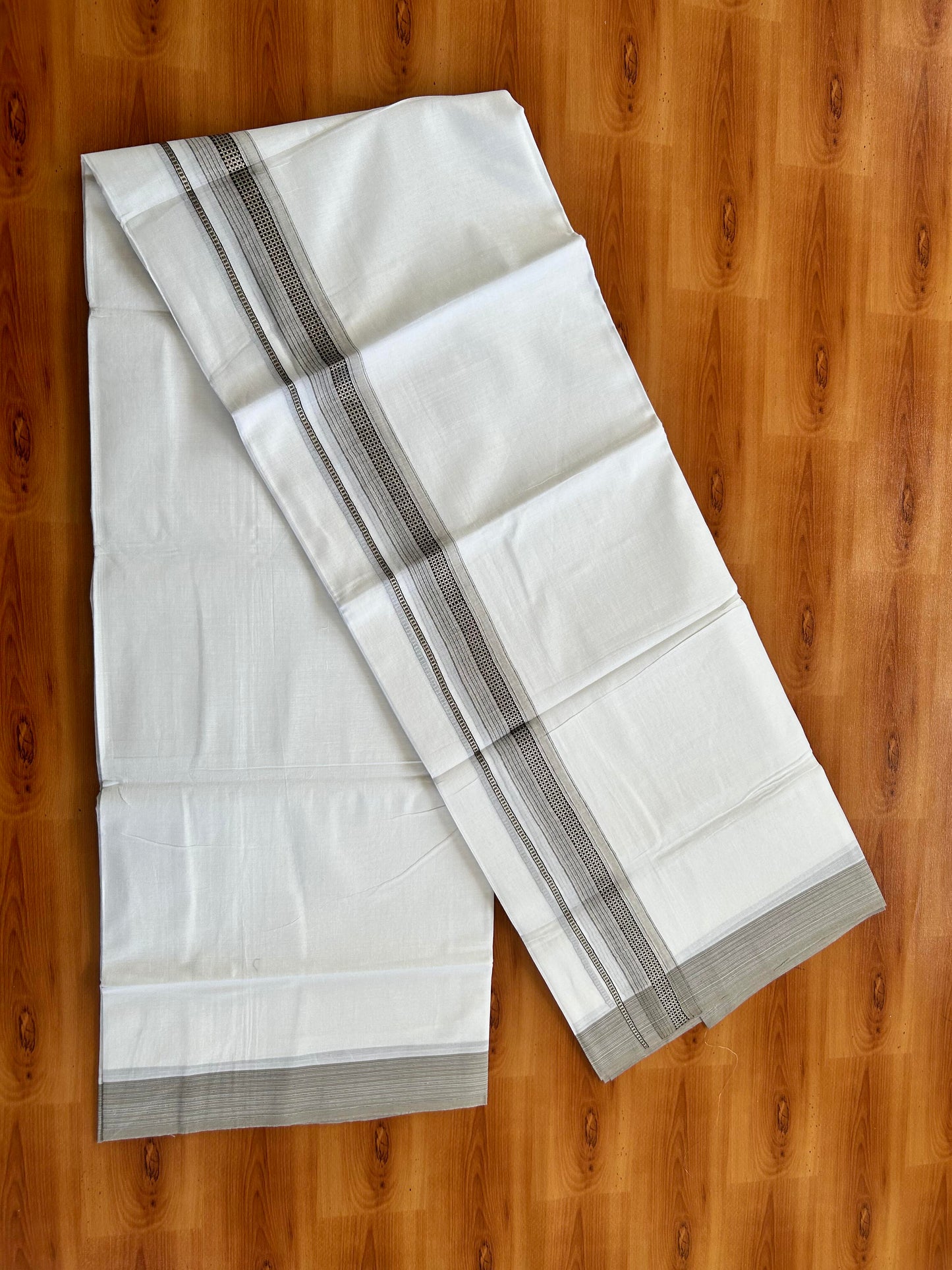 Double Pure White  Mundu/Dothi - 20% Discount!! Kaitharikada Balaramapuram 100% Pure Cotton 100x100 - 1.25 inch Silver Kasav & Beige & Black Striped Kara - 3.90 m (8 muzham) -  11 KK5437 VAS
