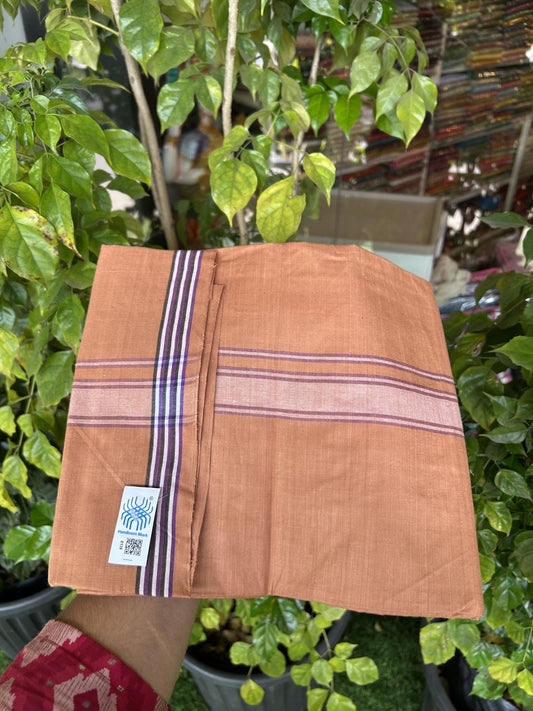 Kerala Handloom - Signature Kaitharikada - Government Sealed Hallmarked - 100% Pure Cotton 2/60x40s Thread - Single Mundu / Dhoti - 1.25 inch White Violet Shaded Striped Kara with Kavi colour Body - 32 KK8046 KAL