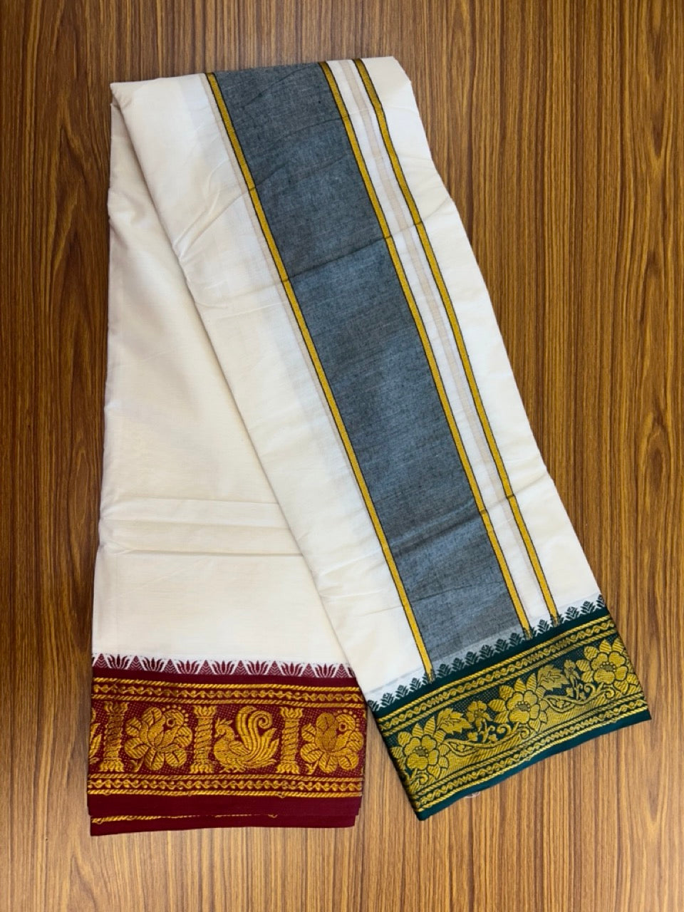 20% Discount! KaithariKada Cotton Mix Off White - (Unbleached) 80X90 thread - North Indian- Attached Gamcha- 10X6 Dhoti - 3.75 inch Green Gold Kasav kara with Dark Maroon & Green Gold Kasav Design border - 5 KK8304 PMC