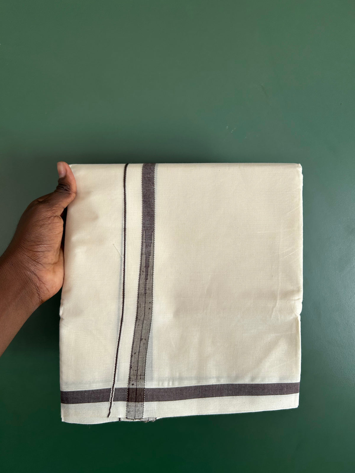 Double Off White (Unbleached) Mundu/Dhoti - 20% Discount!! KaithariKada Pulimood 100% Cotton 100X80-  0.5 inch Puliyilakkara Silver Kasav Brown & Olive Green Chutty Kara - 4 mtr  (8.5 muzham) - 1 KK5548 VAS