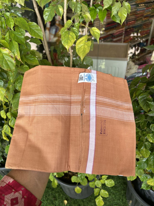 Kerala Handloom - Signature Kaitharikada - Government Sealed Hallmarked - 100% Pure Cotton 2/60x40s Thread - Single Mundu / Dhoti - 1 inch White Shaded Striped Kara with Kavi colour Body - 30 KK8046 KAL