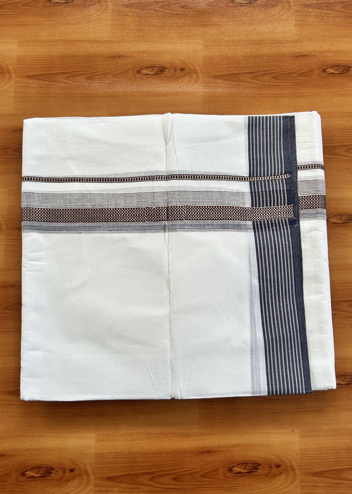 Double Pure White  Mundu/Dothi - 20% Discount!! Kaitharikada Balaramapuram 100% Pure Cotton 100x100 - 1.25 inch Silver Kasav & Navy Blue & Maroon Striped Kara - 3.90 m (8 muzham) -  9 KK5437 VAS