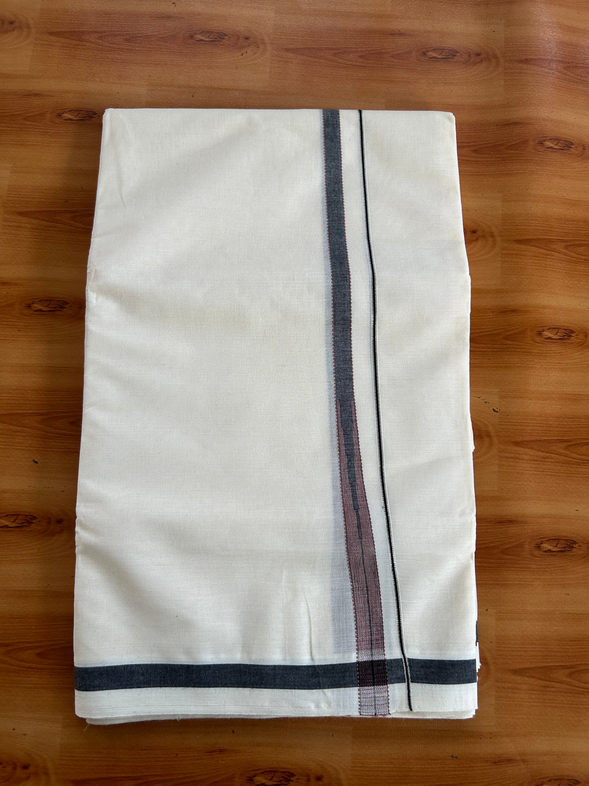 Double Off White (Unbleached) Mundu/Dhoti - 20% Discount!! KaithariKada Pulimood 100% Cotton 100X80-  0.5 inch Puliyilakkara Silver Kasav Black & Brown Chutty Kara - 4 mtr  (8.5 muzham) - 2 KK5548 VAS