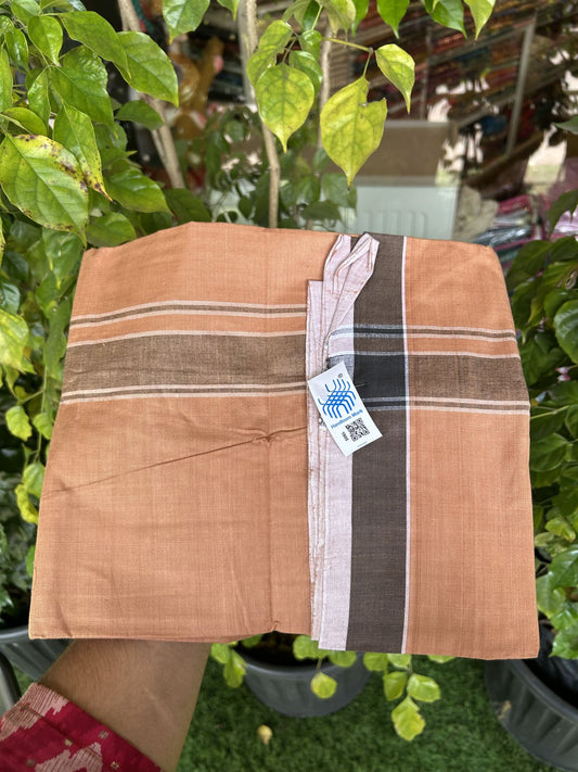 Kerala Handloom - Signature Kaitharikada - Government Sealed Hallmarked - 100% Pure Cotton 2/60x40s Thread - Single Mundu / Dhoti - 1.5 inch Black Shaded Striped Kara with Kavi colour Body - 29 KK8046 KAL