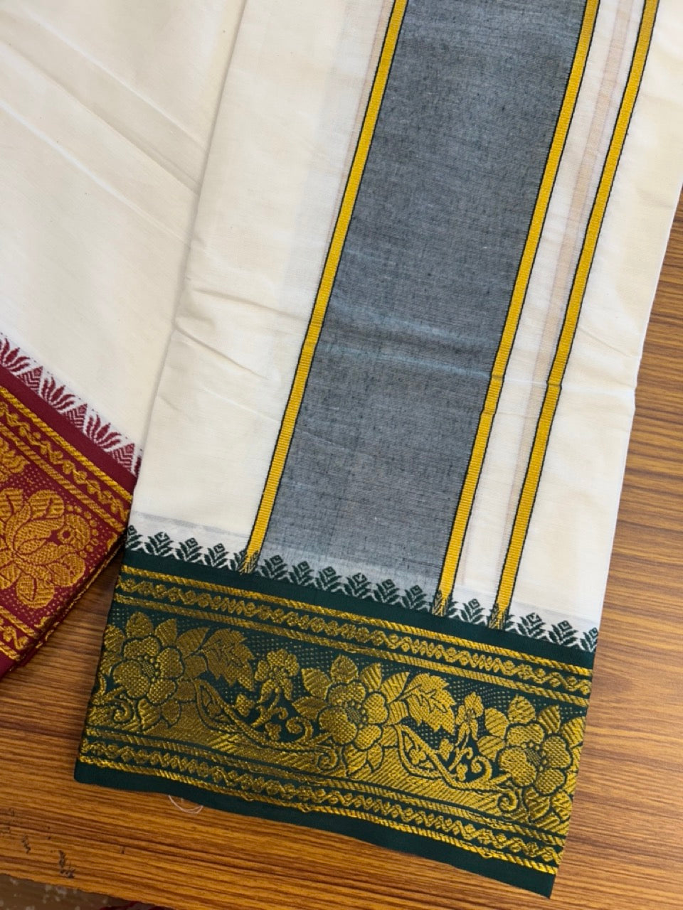 20% Discount! KaithariKada Cotton Mix Off White - (Unbleached) 80X90 thread - North Indian- Attached Gamcha- 10X6 Dhoti - 3.75 inch Green Gold Kasav kara with Dark Maroon & Green Gold Kasav Design border - 5 KK8304 PMC