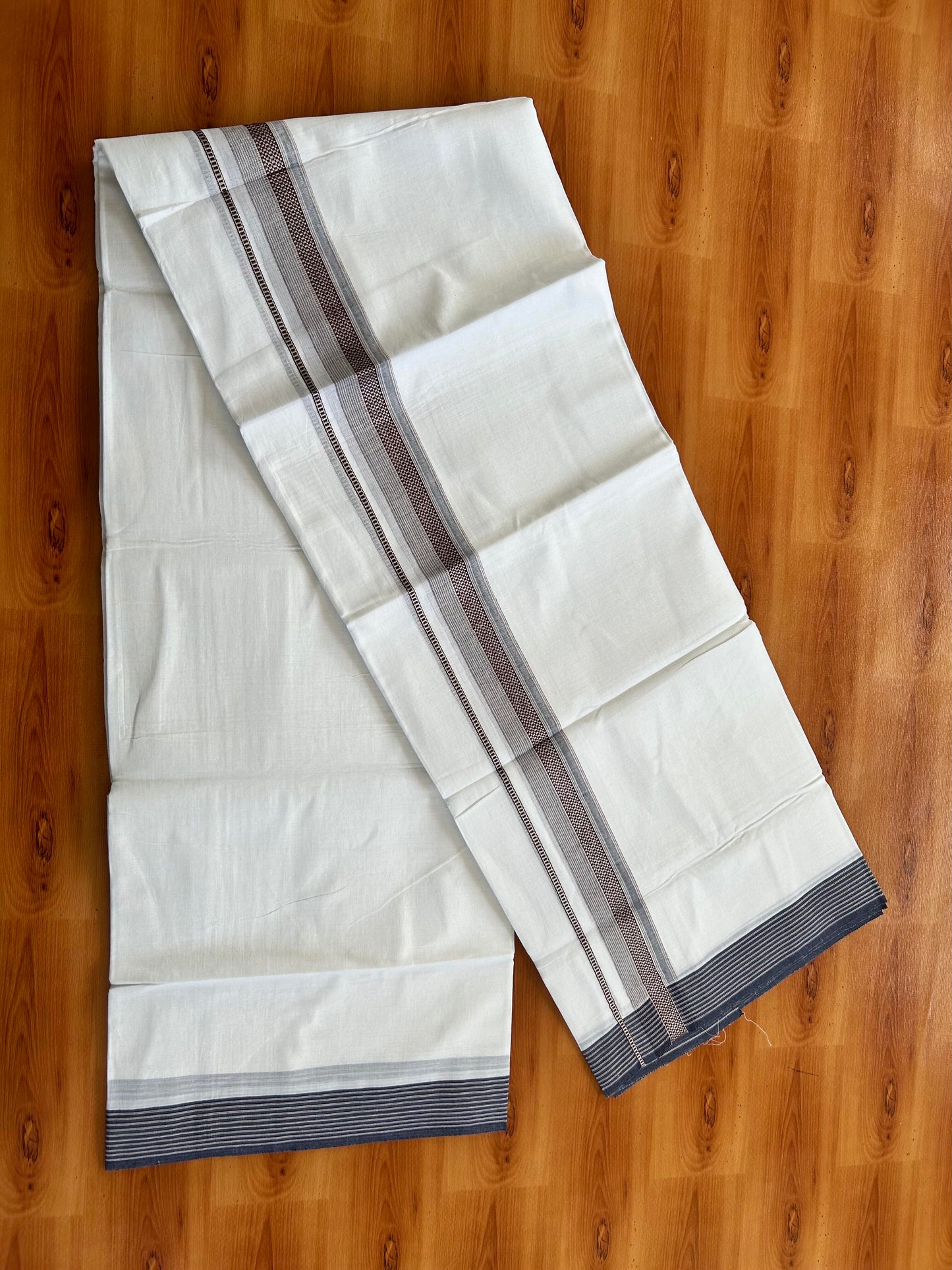 Double Pure White  Mundu/Dothi - 20% Discount!! Kaitharikada Balaramapuram 100% Pure Cotton 100x100 - 1.25 inch Silver Kasav & Navy Blue & Maroon Striped Kara - 3.90 m (8 muzham) -  9 KK5437 VAS