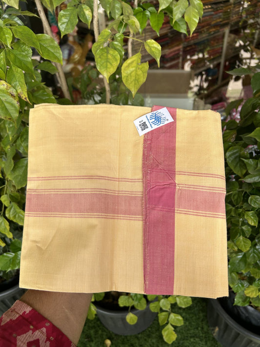 Kannur Kavi Dhoti - KaithariKada Balaramapuram Handloom Single Mundu/Dhoti - 100% Pure Cotton 2/60x40s Thread - Kannur Yellow colour Body 1.5 inch Wild Orchid Striped Kara - 48 KK8046 KAL