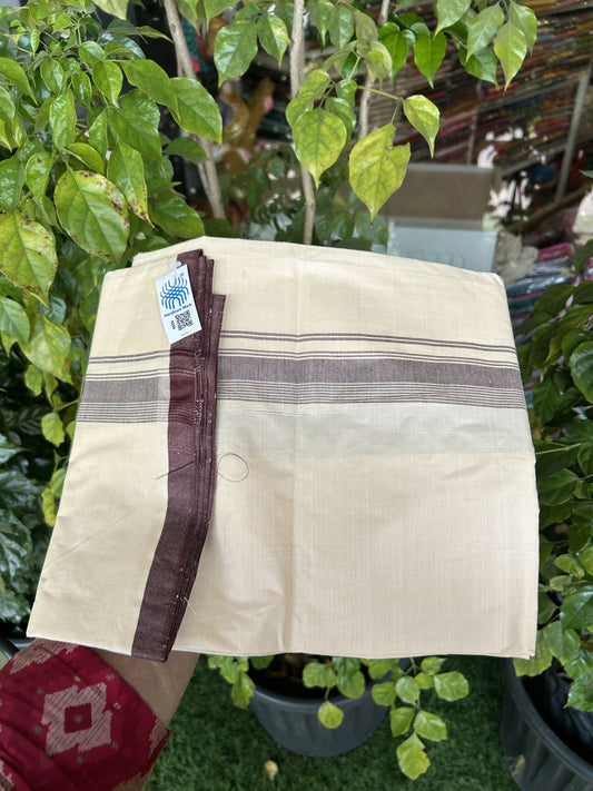 Kannur Kavi Dhoti - KaithariKada Balaramapuram Handloom Single Mundu/Dhoti - 100% Pure Cotton 2/80x2/80s Thread - Kannur Light Yellow colour Body 1.5 inch Brown Striped Kara - 42 KK8046 KAL