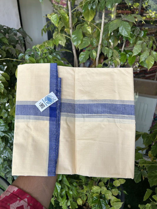 Kannur Kavi Dhoti - KaithariKada Balaramapuram Handloom Single Mundu/Dhoti - 100% Pure Cotton 2/80x2/80s Thread - Kannur Light Yellow colour Body 1.75 inch Blue Striped Kara - 37 KK8046 KAL