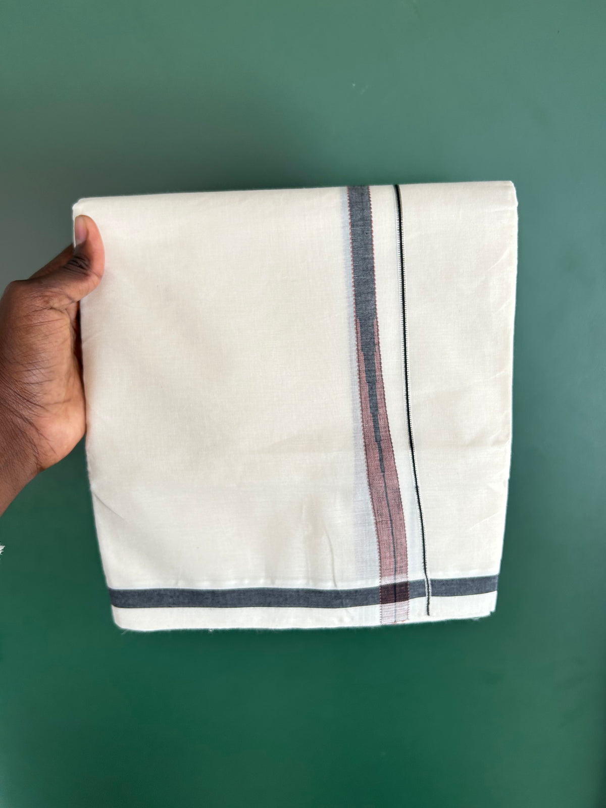 Double Off White (Unbleached) Mundu/Dhoti - 20% Discount!! KaithariKada Pulimood 100% Cotton 100X80-  0.5 inch Puliyilakkara Silver Kasav Black & Brown Chutty Kara - 4 mtr  (8.5 muzham) - 2 KK5548 VAS
