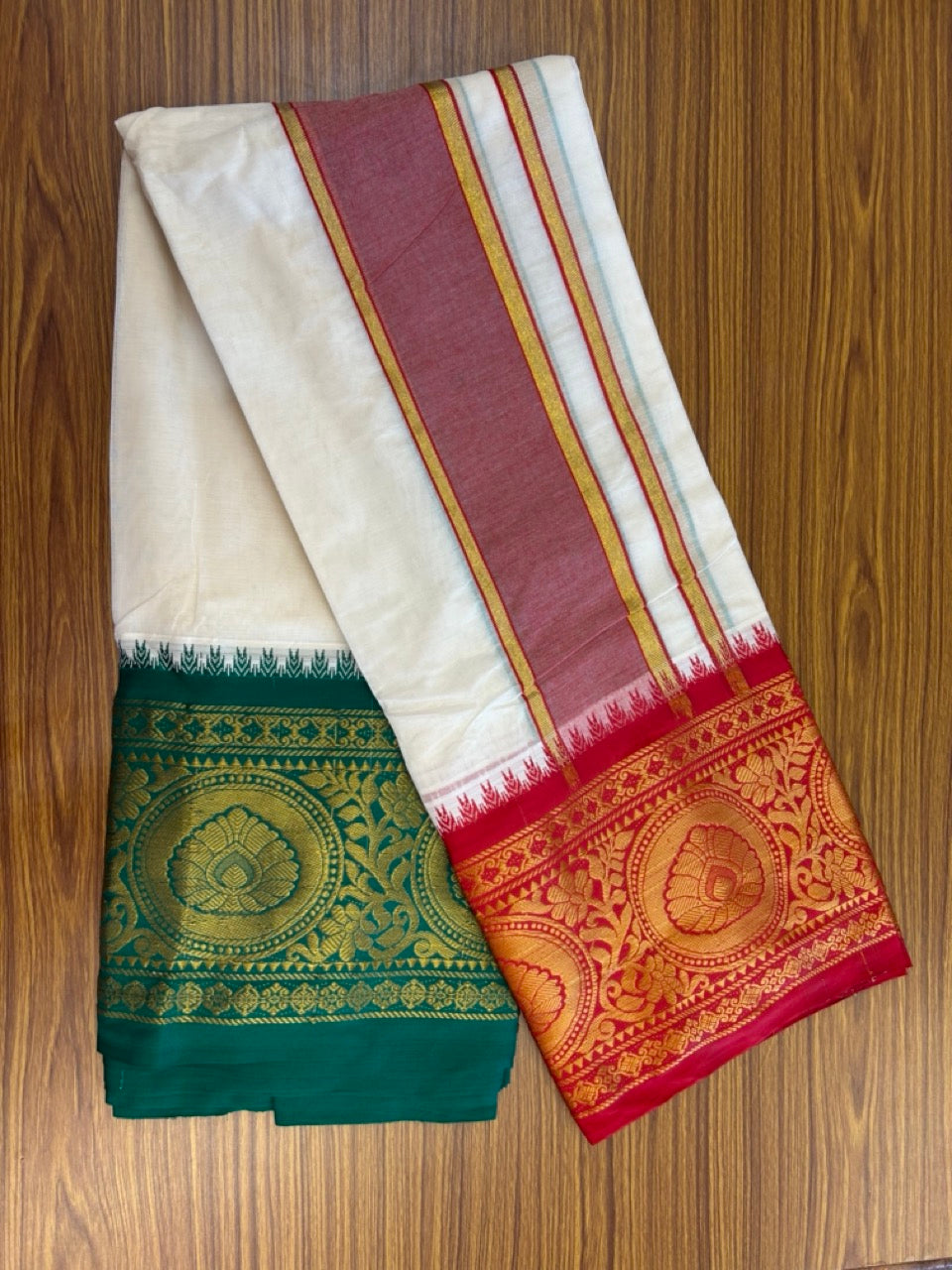 20% Discount! KaithariKada Cotton Mix Off White - (Unbleached) 80X90 thread - North Indian- Attached Gamcha - 10X6 Dhoti 3.75 inch Red Gold Kasav kara with Red & Green Gold Kasav Design border - 2 KK8304 PMC