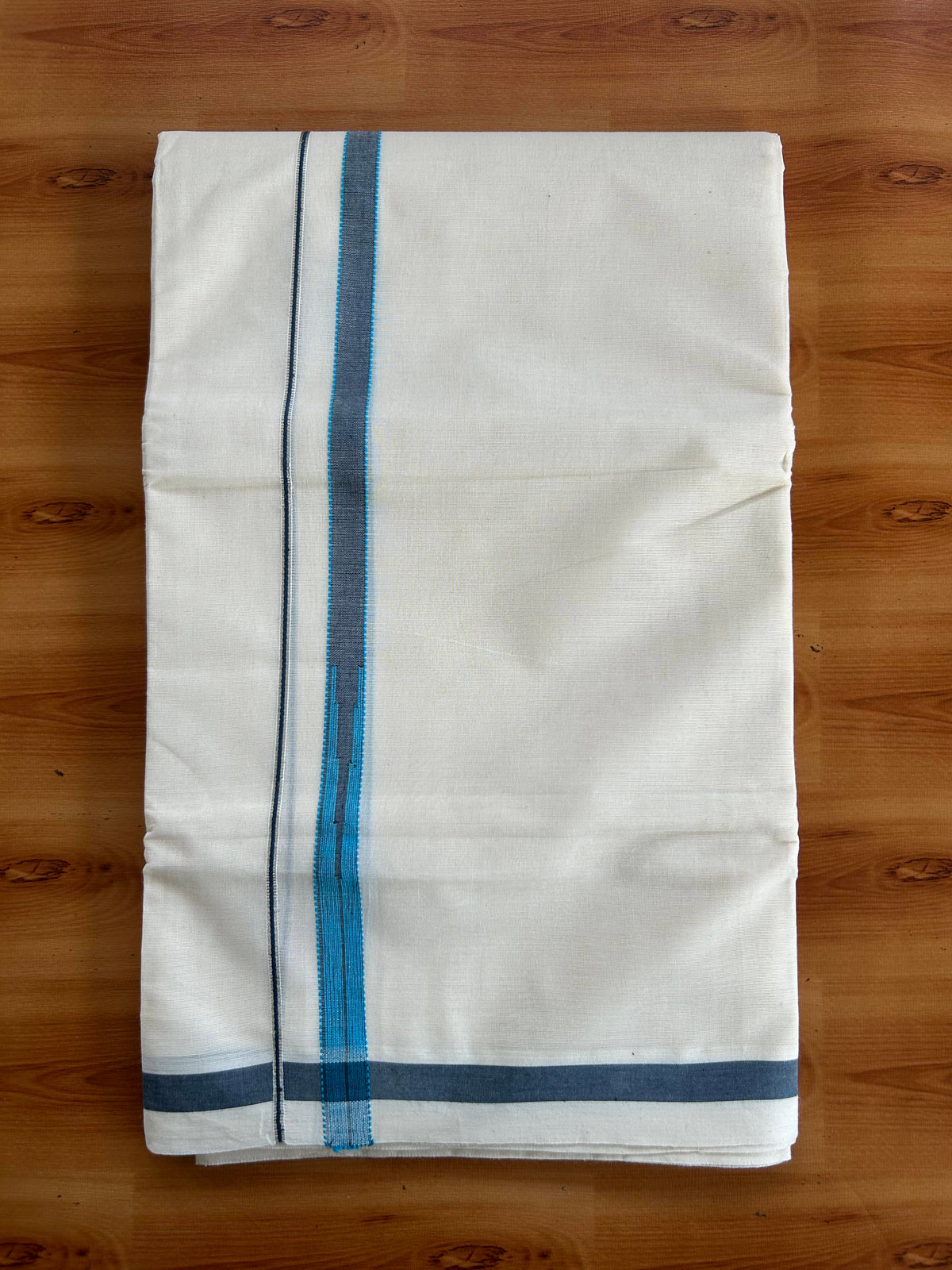 Double Off White (Unbleached) Mundu/Dhoti - 20% Discount!! KaithariKada Pulimood 100% Cotton 100X80 - 0.5 inch Puliyilakkara Silver Kasav Peakcock Blue & Cyan Blue Striped One Side Chutty Kara - 4 mtr (8.5 muzham) - 11 KK5548 VAS