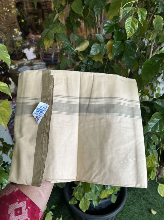 Kannur Kavi Dhoti - KaithariKada Balaramapuram Handloom Single Mundu/Dhoti - 100% Pure Cotton 2/80x2/80s Thread - Kannur Light Yellow colour Body 1.25 inch Greyish Olive Green Striped Kara - 43 KK8046 KAL