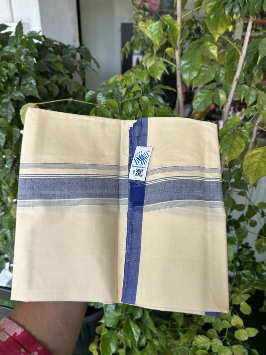 Kannur Kavi Dhoti - KaithariKada Balaramapuram Handloom  Single Mundu/Dhoti - 100% Pure Cotton 2/80x2/80s Thread - Kannur Light Yellow colour Body 1.75 inch Blue Striped Kara - 35 KK8046 KAL