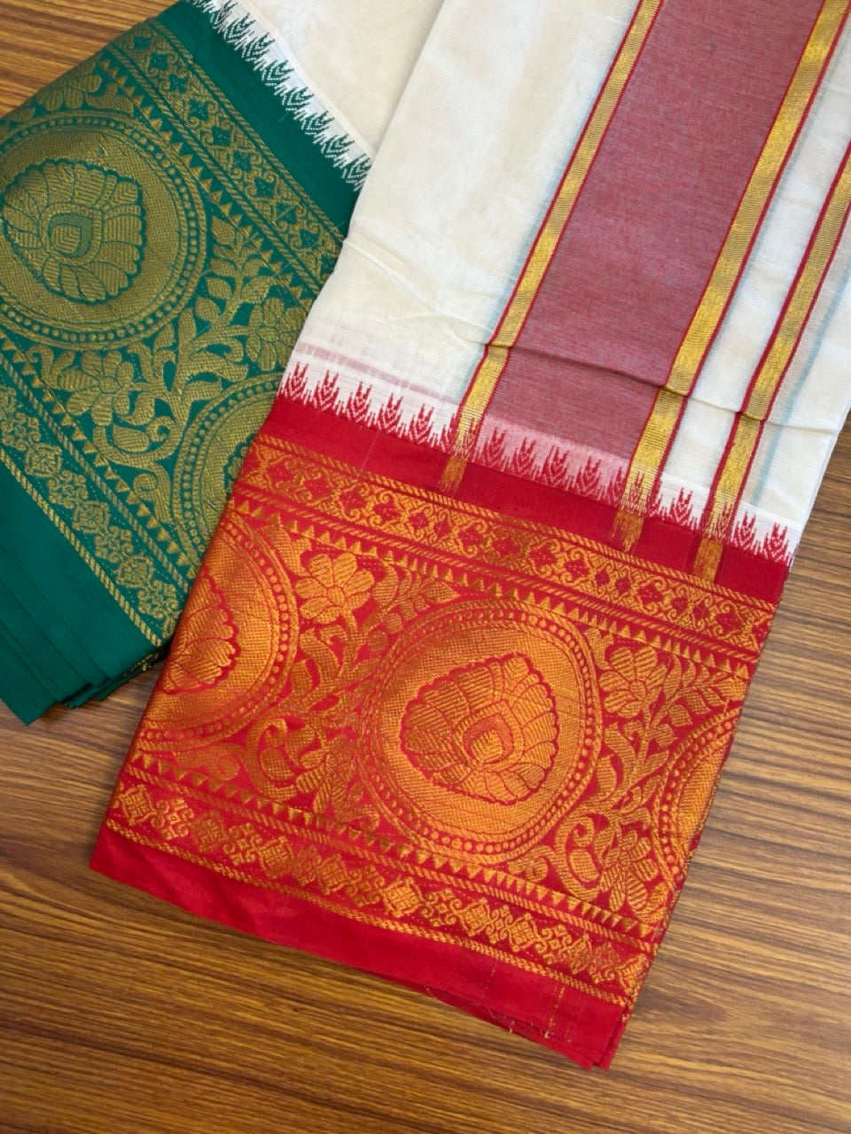 20% Discount! KaithariKada Cotton Mix Off White - (Unbleached) 80X90 thread - North Indian- Attached Gamcha - 10X6 Dhoti 3.75 inch Red Gold Kasav kara with Red & Green Gold Kasav Design border - 2 KK8304 PMC