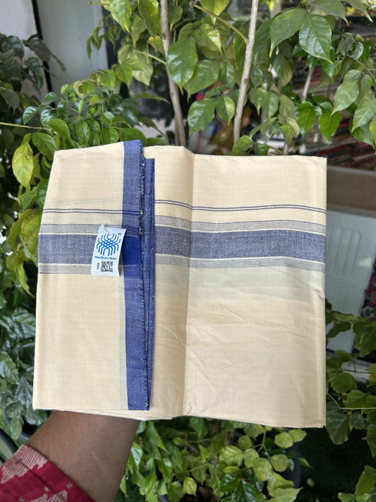 Kannur Kavi Dhoti - KaithariKada Balaramapuram Handloom Single Mundu/Dhoti - 100% Pure Cotton 2/80x2/80s Thread - Kannur Light Yellow colour Body 1.75 inch Blue Striped Kara - 36 KK8046 KAL