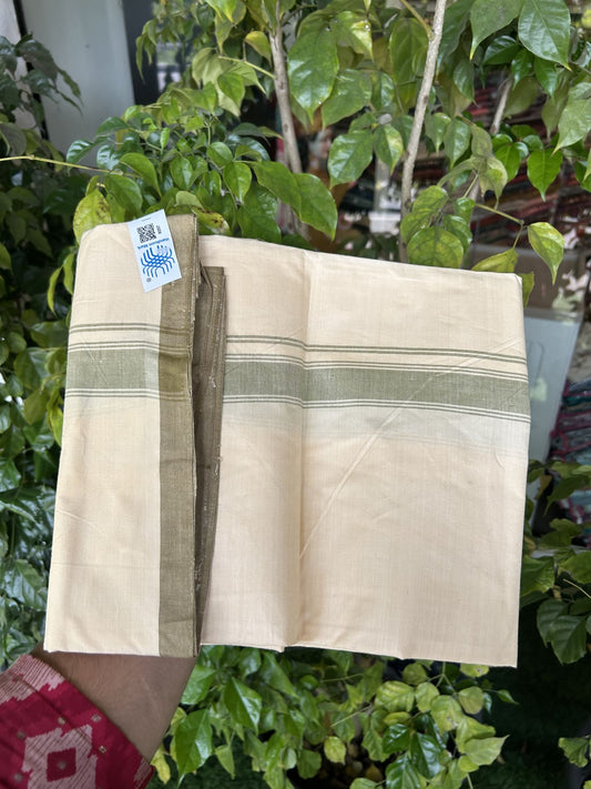 Kannur Kavi Dhoti - KaithariKada Balaramapuram Handloom Single Mundu/Dhoti - 100% Pure Cotton 2/80x2/80s Thread - Kannur Light Yellow colour Body 1.25 inch Olive Green Striped Kara - 44 KK8046 KAL