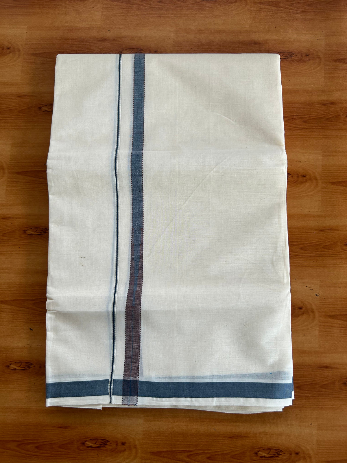 Double Off White (Unbleached) Mundu/Dhoti - 20% Discount!! KaithariKada Pulimood 100% Cotton 100X80 - 0.5 inch Puliyilakkara Silver Kasav Peacock Blue & Brown Striped Chutty Kara - 4 mtr (8.5 muzham) - 17 KK5548 VAS