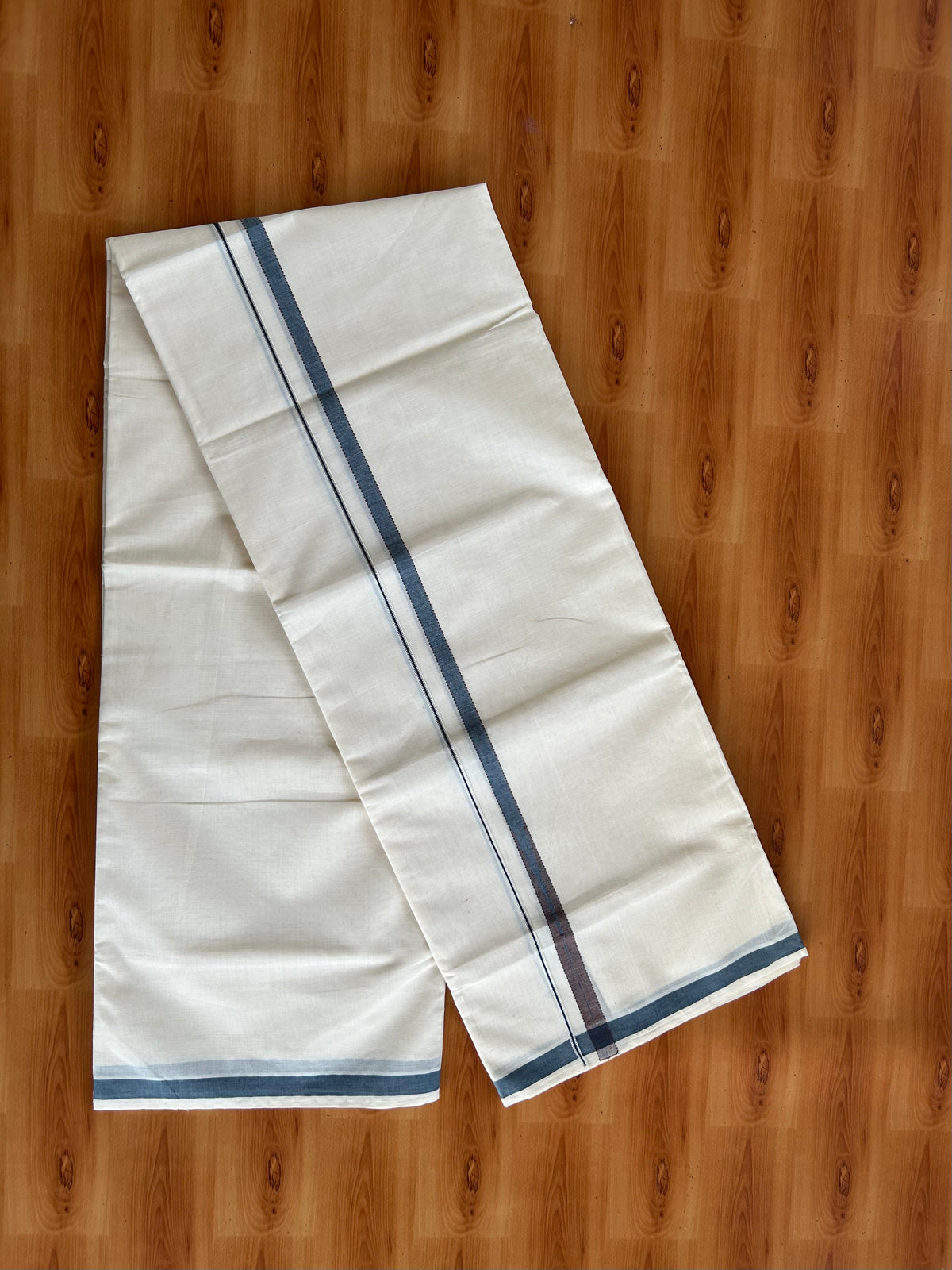 Double Off White (Unbleached) Mundu/Dhoti - 20% Discount!! KaithariKada Pulimood 100% Cotton 100X80 - 0.5 inch Puliyilakkara Silver Kasav Peacock Blue & Brown Striped Chutty Kara - 4 mtr (8.5 muzham) - 17 KK5548 VAS