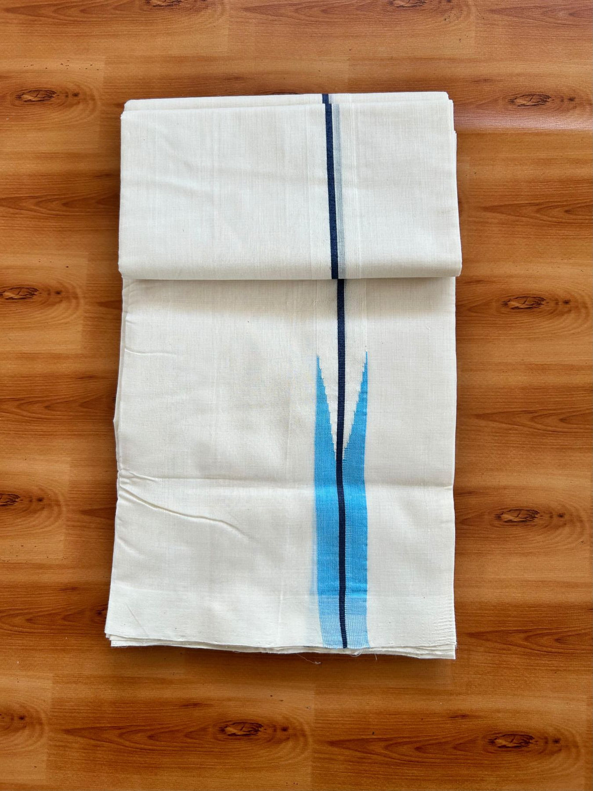 Short Dhoti Special! Double Off White Dhoti - 25% Discount! KaithariKada Kerala Handloom Unakkupaav - 100% Pure Cotton 100x80 - 46 inches Height - 1.25 inch Ash Blue & Light Blue Puliyilakkara Chutty 3.60 mtr (8 muzham) - 2 KK5498 REA