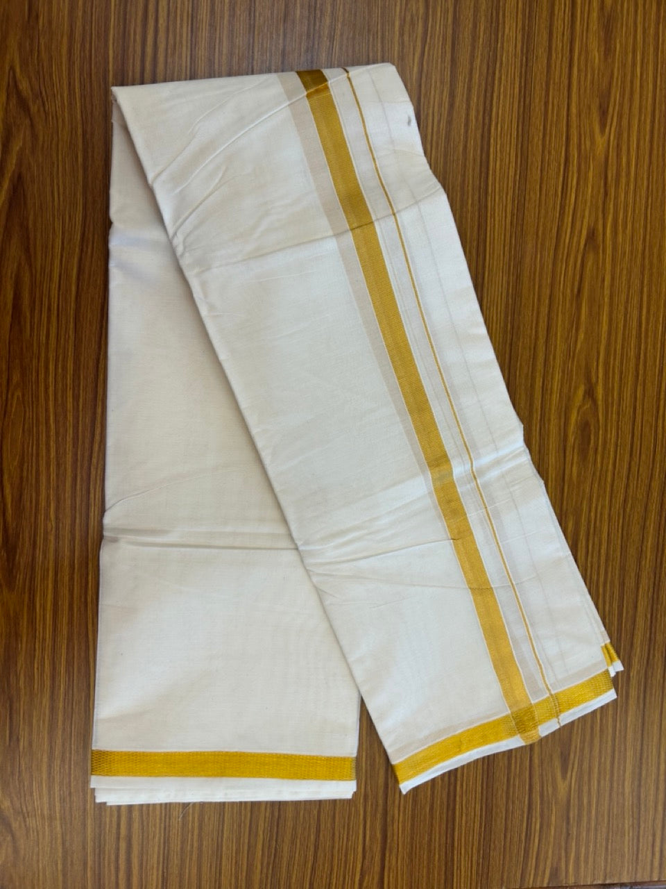 20% Discount! Kaitharikada Balaramapuram Cotton Mix Off White - (Unbleached) 80X90 thread - North Iindian- Attached Gamcha - 10X6 Dhoti - 0.75 inchGold Kasav border - 21 KK8304 PMC