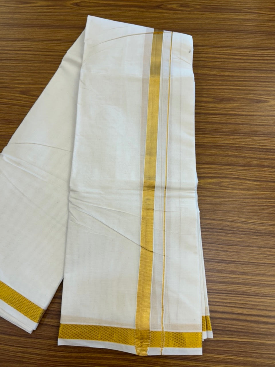20% Discount! Kaitharikada Balaramapuram Cotton Mix Off White - (Unbleached) 80X90 thread - North Iindian- Attached Gamcha - 10X6 Dhoti - 0.75 inchGold Kasav border - 21 KK8304 PMC