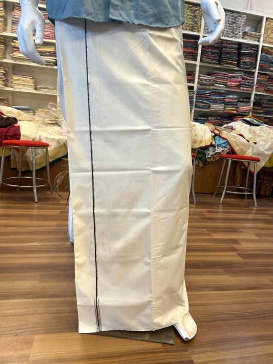 28% Discount!! KaithariKada Balaramapuram 100% COTTON SINGLE OFF WHITE - (Unbleached) Mundu/Dhoti - 100X100 - 0.5 Inch Black & Silver Puliyilakkara Chutty (2 meter / 4 muzham) - 1KK5035ASH