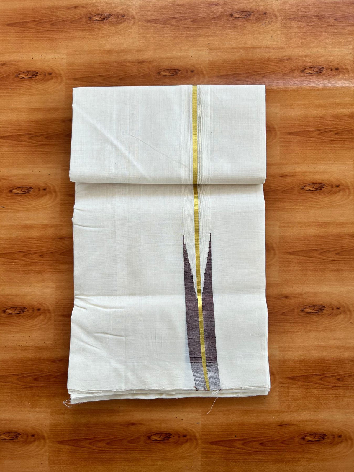 Short Dhoti Special! Double Off White Dhoti - 25% Discount! KaithariKada Kerala Handloom Unakkupaav - 100% Pure Cotton 100x80 - 46 inches Height - 1.25 inch Gold Kasav & Brown Puliyilakkara Chutty 3.60 mtr (8 muzham) - 6 KK5498 REA