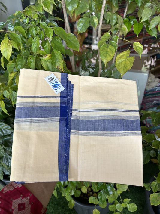 Kannur Kavi Dhoti - KaithariKada Balaramapuram Handloom Single Mundu/Dhoti - 100% Pure Cotton 2/80x2/80s Thread - Kannur Light Yellow colour Body 1.75 inch Blue Striped Kara - 39 KK8046 KAL