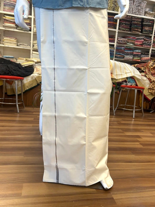 KaithariKada Balaramapuram 100% Cotton Single Off white - (Unbleched) Mundu/Dhoti-100x100 1.cm Muthukuri Silver Kasavu &  Black Puliyilakkara Chutty Kara (2 meter / 4 muzham) - 2KK5039ASH