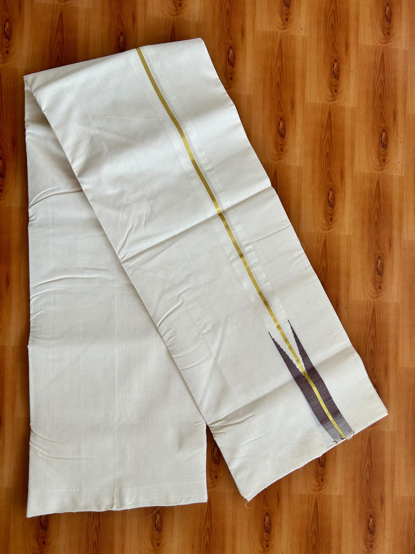 Short Dhoti Special! Double Off White Dhoti - 25% Discount! KaithariKada Kerala Handloom Unakkupaav - 100% Pure Cotton 100x80 - 46 inches Height - 1.25 inch Gold Kasav & Brown Puliyilakkara Chutty 3.60 mtr (8 muzham) - 6 KK5498 REA
