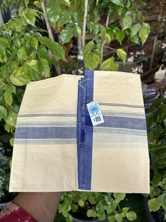 Kannur Kavi Dhoti - KaithariKada Balaramapuram Handloom Single Mundu/Dhoti - 100% Pure Cotton 2/80x2/80s Thread - Kannur Light Yellow colour Body 1.75 inch Blue Striped Kara - 38 KK8046 KAL